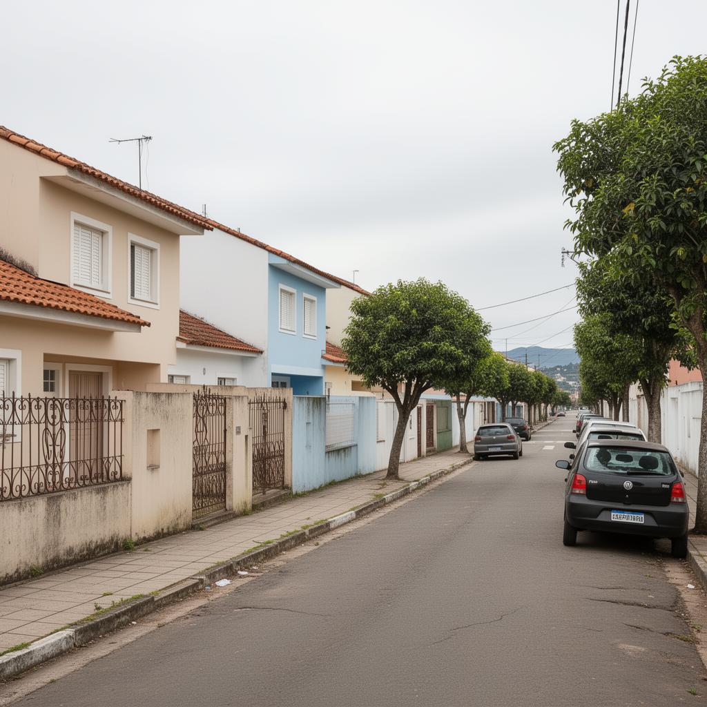 Rua residencial brasileira com casas pintadas em diversas cores